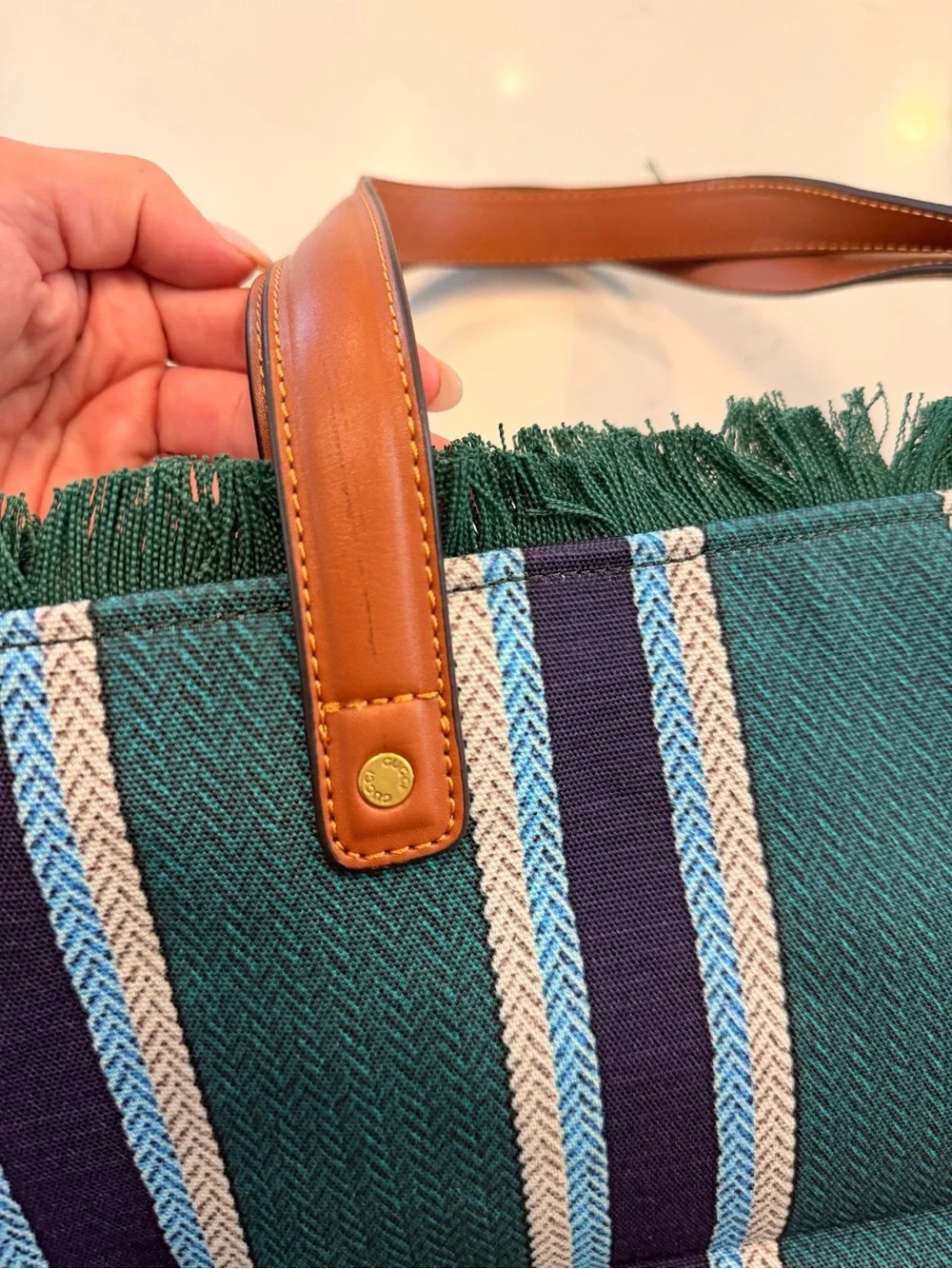 Gucci Teal & Navy Striped Canvas Tote with Leather Handles - Picture 5 of 9